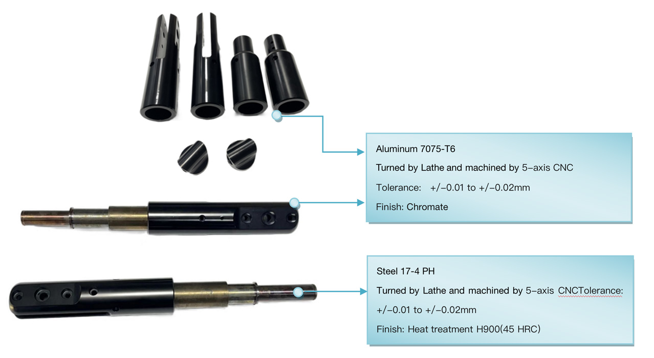 Turning, fitness equipment, Aluminum turning, Steel 17-4 turning, Chromate finish, Heat treatment turning parts